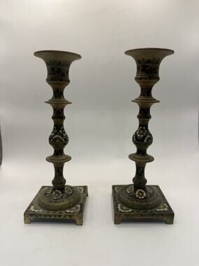 Vintage Indian Brass Meenakari Enamel Candlestick Holders Floral Pair 8” *
